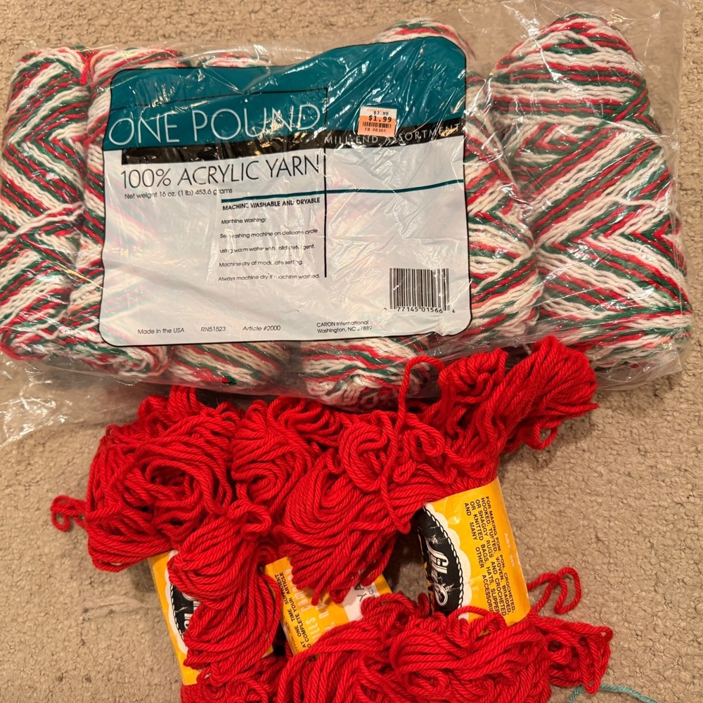 Vintage Caron One Pound Acrylic & Lily Mills Cotton Red Green Yarn Lot USA